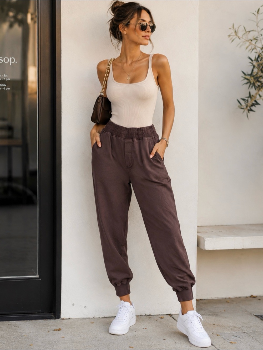 Varley Donovan Soft Twill Jogger Pants Womens Medium Brown Elastic Waist Med